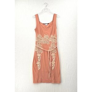 GAETANO NAVARRA Dress Womens 46 M Peach Sleeveless Mesh Tie Waist Midi Sheath